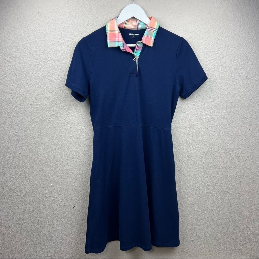 Land's End Plaid Collared Polo Fit and Flare Dress in Navy Blue Sz S